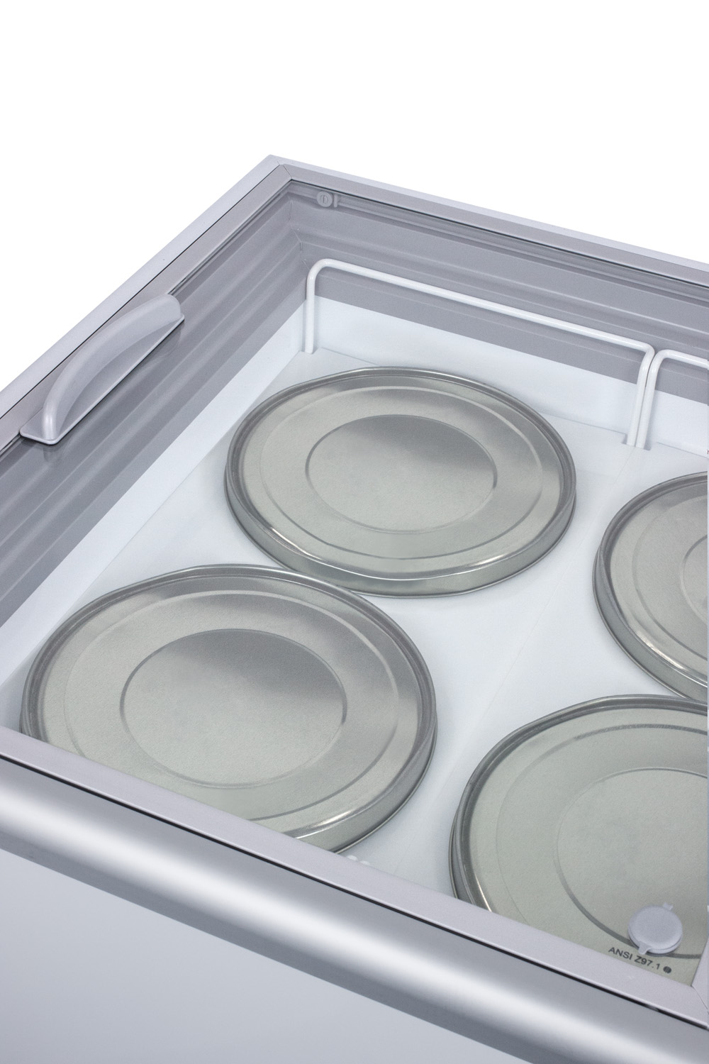 Flat top commercial ice cream freezer with sliding glass lid, digital thermostat, novelty baskets, and 15 cu.ft. capacity